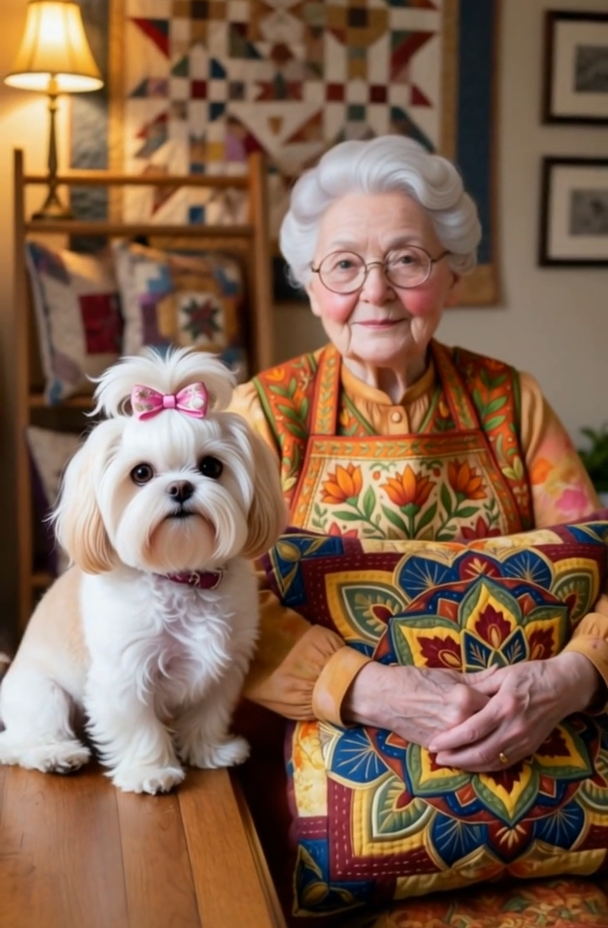 Ilustração da Vovó Antônia ao lado de Luna, sua Shih Tzu branca com laço rosa
